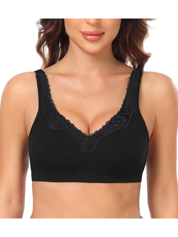 Plus Size Bras Women's Comfort Cotton Non-Padded Wirefree Lace Floral Everyday Bra(38D,Black)
