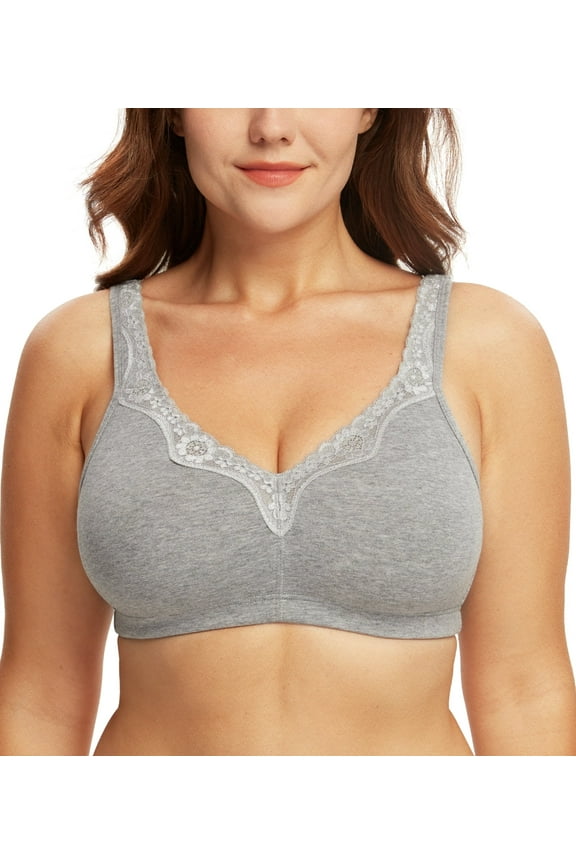Plus Size Bras Women's Comfort Cotton Non-Padded Wirefree Lace Floral Everyday Bra(38DD,Grey)