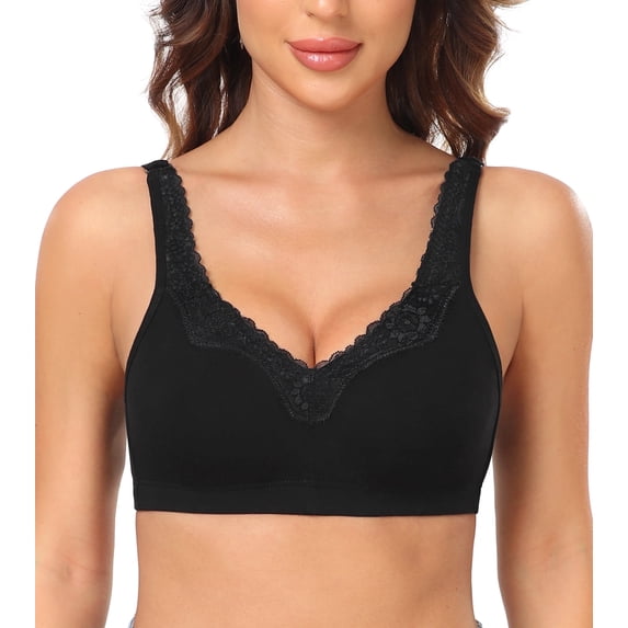 Exerin Plus Size Bras Women's Comfort Cotton Non-Padded Wirefree Lace Floral Everyday Bra(40D,Black)