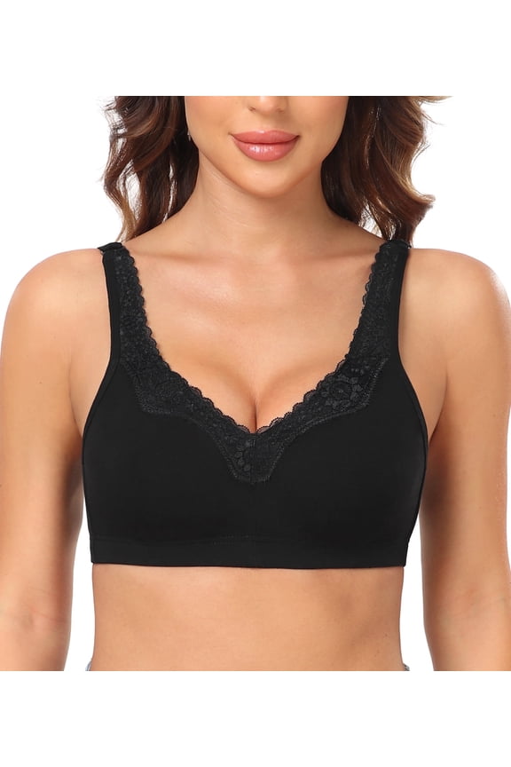 Plus Size Bras Women's Comfort Cotton Non-Padded Wirefree Lace Floral Everyday Bra(40DD,Black)
