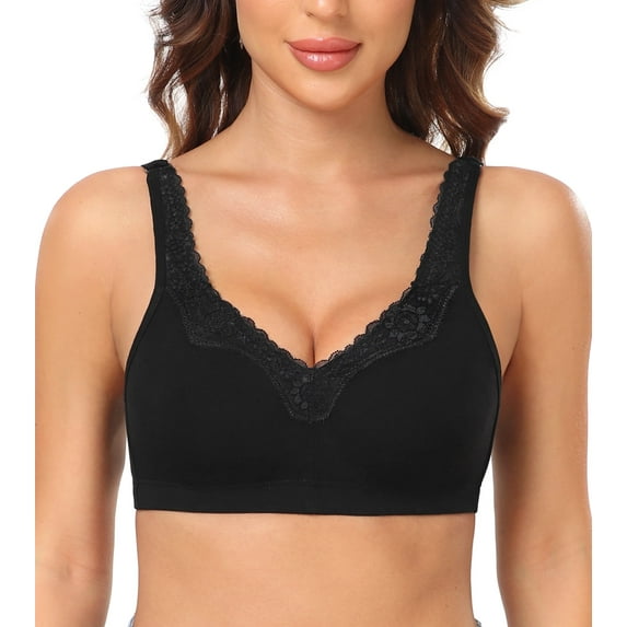 Exerin Plus Size Bras Women's Comfort Cotton Non-Padded Wirefree Lace Floral Everyday Bra(42C,Black)