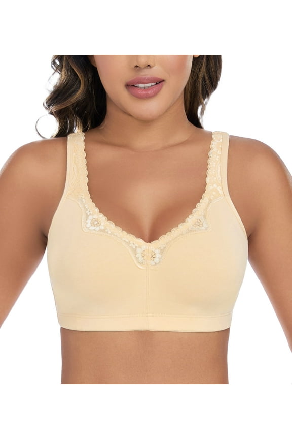 Plus Size Bras Women's Comfort Cotton Non-Padded Wirefree Lace Floral Everyday Bra(42D,Beige)