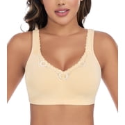 Exerin Plus Size Bras Women's Comfort Cotton Non-Padded Wirefree Lace Floral Everyday Bra(44C,Beige)