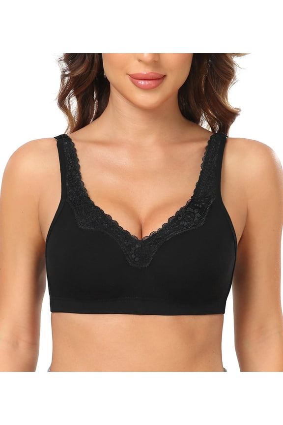 Plus Size Bras Women's Comfort Cotton Non-Padded Wirefree Lace Floral Everyday Bra(46C,Black)
