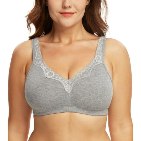 Exerin Plus Size Bras Women's Comfort Cotton Non-Padded Wirefree Lace Floral Everyday Bra(46C,Grey)