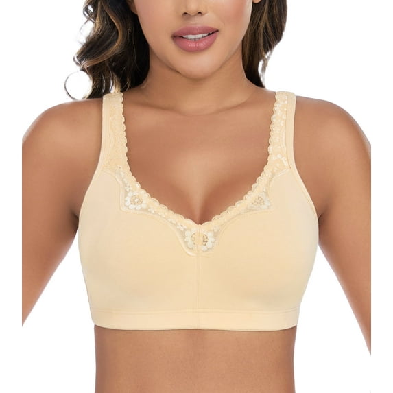 Exerin Plus Size Bras Women's Comfort Cotton Non-Padded Wirefree Lace Floral Everyday Bra(48DD,Beige)