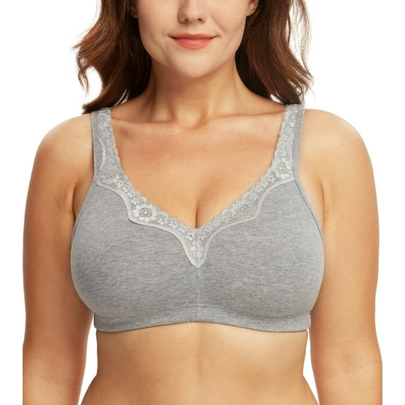 Exerin Plus Size Bras Women's Comfort Cotton Non-Padded Wirefree Lace Floral Everyday Bra(50C,Grey)