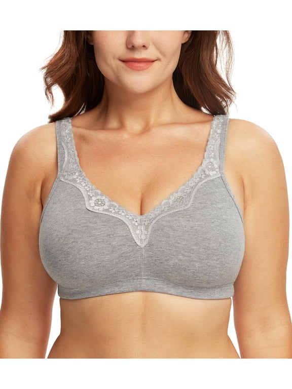 Plus Size Bras Women's Comfort Cotton Non-Padded Wirefree Lace Floral Everyday Bra(50DD,Grey)