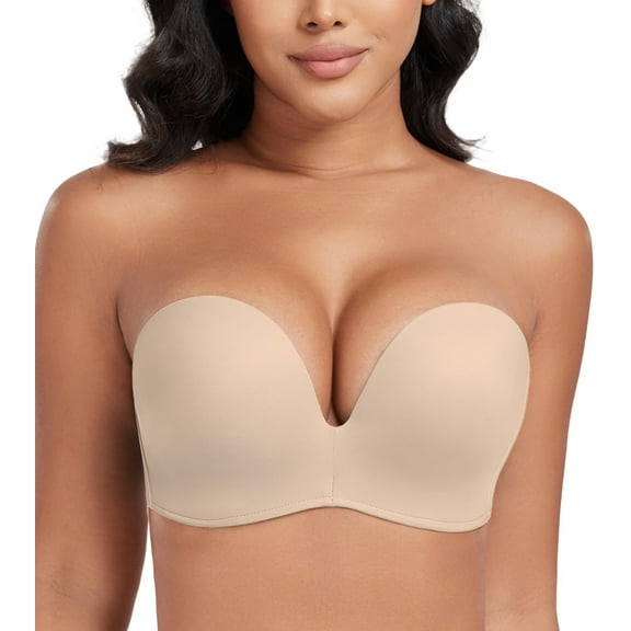 Exerin Push Up Bras Seamless Wireless Anti-Slip Women's Strapless Bra Shape Support Lift(Beige,32B)