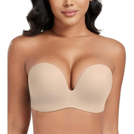 Exerin Push Up Bras Seamless Wireless Anti-Slip Women's Strapless Bra Shape Support Lift(Beige,36C)