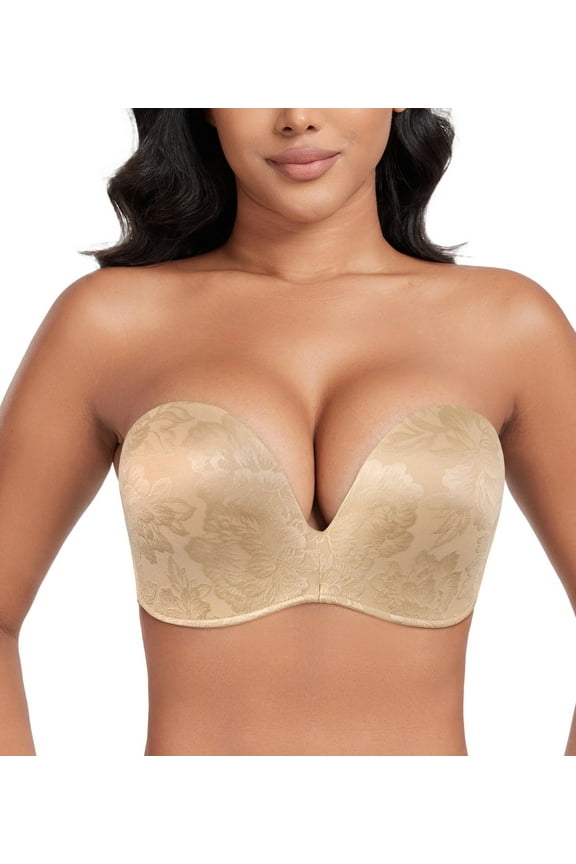 Push Up Bras Seamless Wireless Anti-Slip Women's Strapless Bra Shape Support Lift(Beige Flower,34D)