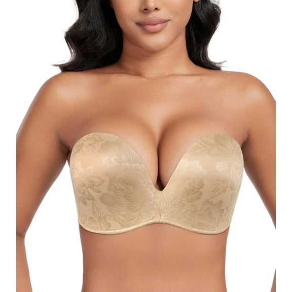 Exerin Push Up Bras Seamless Wireless Anti-Slip Women's Strapless Bra Shape Support Lift(Beige Flower,36C)