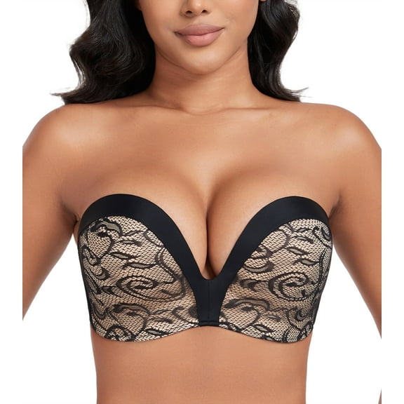 Exerin Push Up Bras Seamless Wireless Anti-Slip Women's Strapless Bra Shape Support Lift(Black Flower,32B)