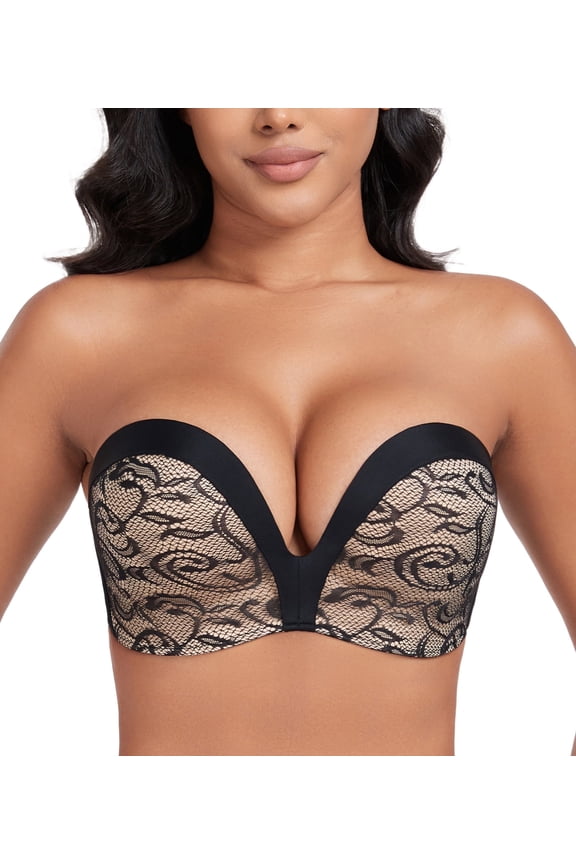Push Up Bras Seamless Wireless Anti-Slip Women's Strapless Bra Shape Support Lift(Black Flower,34C)