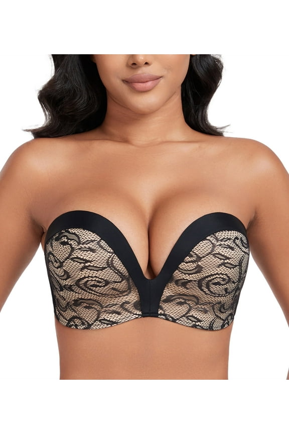 Push Up Bras Seamless Wireless Anti-Slip Women's Strapless Bra Shape Support Lift(Black Flower,36D)