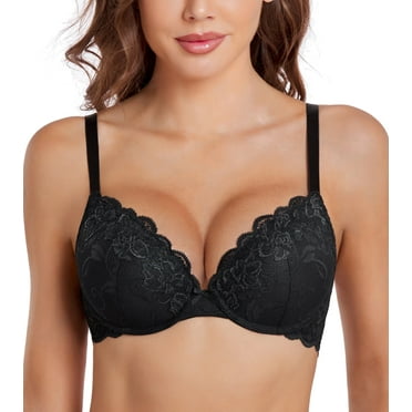 Exerin Push Up Bras Women's Padding Underwire Flower Lace Lift Up Everyday Bra(Black,36DD)