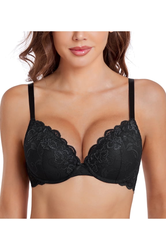 Push Up Bras Women's Padding Underwire Flower Lace Lift Up Everyday Bra(Black,38D)