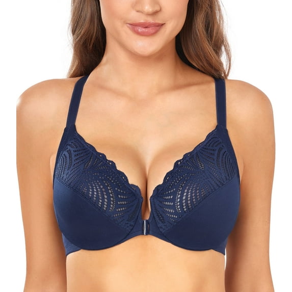 Exerin Racerback Full Figure Underwire Women's Front Close Bra Seamless Unlined Bra(Blue,36DDD)