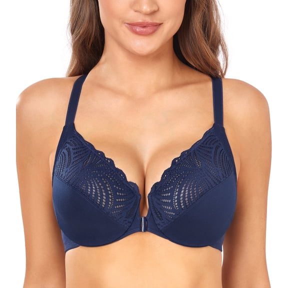 Exerin Racerback Full Figure Underwire Women's Front Close Bra Seamless Unlined Bra(Blue,38DD)