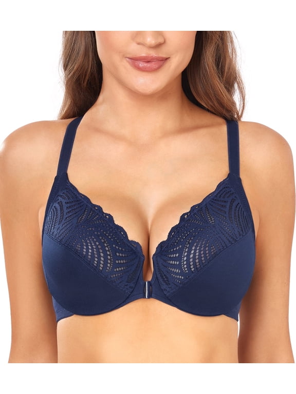 Racerback Full Figure Underwire Women's Front Close Bra Seamless Unlined Bra(Blue,38DD)