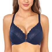 Exerin Racerback Full Figure Underwire Womens Front Close Bra Seamless Unlined BraBlue,42DD