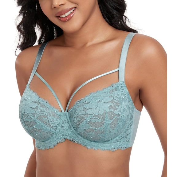 Exerin Women's Sexy Lace Bras Underwire Plus Size See Through Mesh Sheer Bra(38D,Blue)