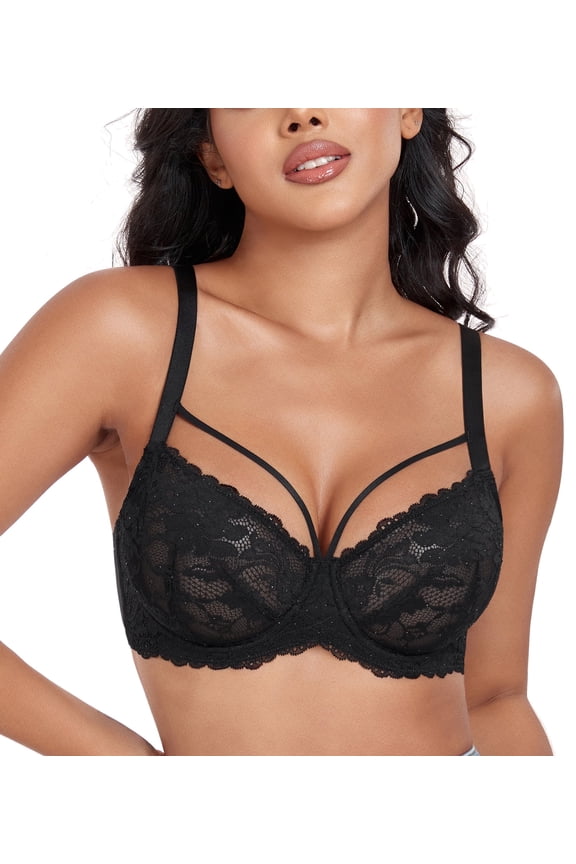 Women's Sexy Lace Bras Underwire Plus Size See Through Mesh Sheer Bra(38DD,Black)