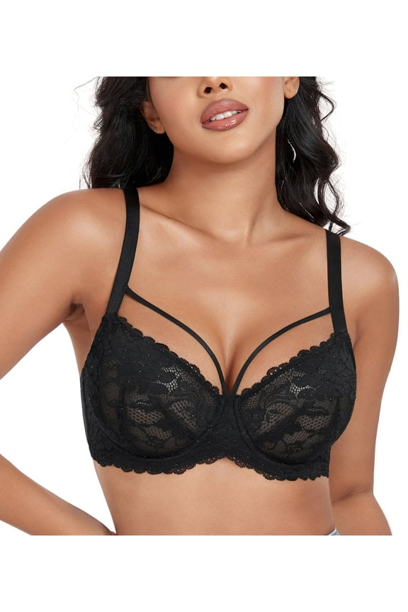 Women's Sexy Lace Bras Underwire Plus Size See Through Mesh Sheer Bra(38DDD,Black)