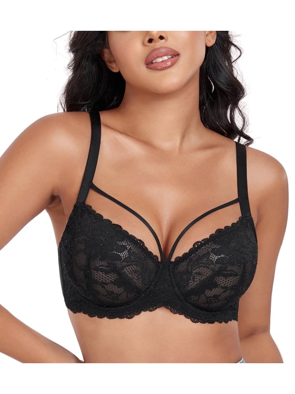 Women's Sexy Lace Bras Underwire Plus Size See Through Mesh Sheer Bra(42DD,Black)