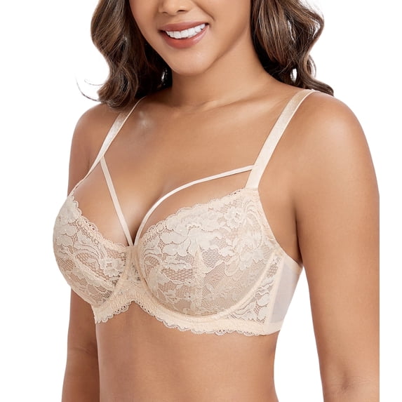 Exerin Women's Sexy Lace Bras Underwire Plus Size See Through Mesh Sheer Bra(Beige,34DDD)