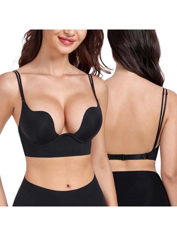 Women's Backless Bra Underwire Push Up Padded Plunge Convertible Low Back Bras,32C