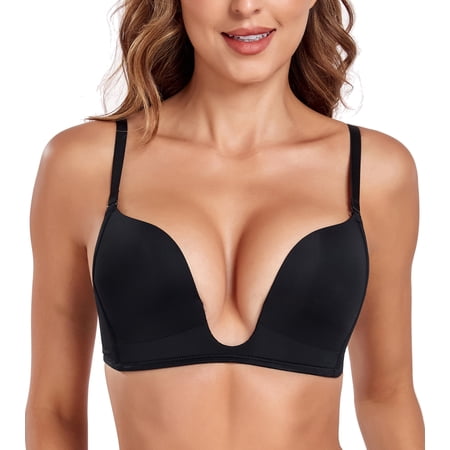 Exerin Women's Deep Plunge Bras Wireless Convertible Seamless Push Up Low Cut Bra(32D Black)