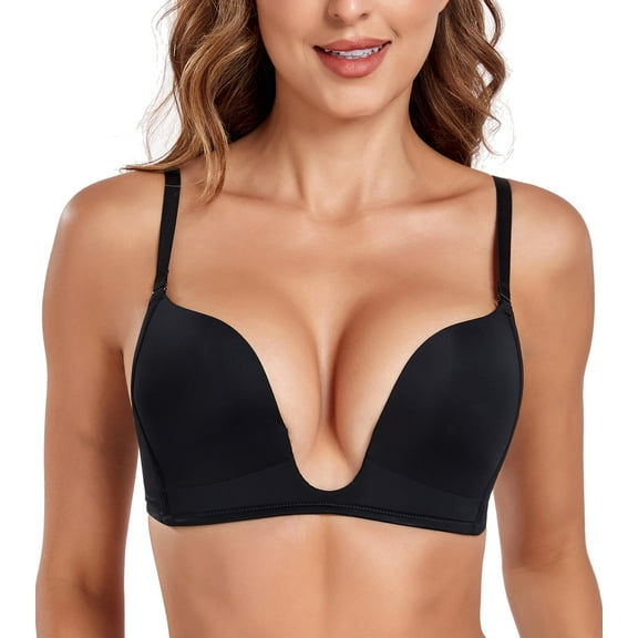 Exerin Women's Deep Plunge Bras Wireless Convertible Seamless Push Up Low Cut Bra(34C, Black)