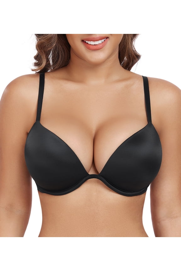 Women's Deep Plunge Low Cut Thick Padded Underwire Push Up Bra(34B,Black)