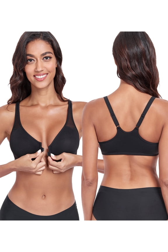 Women's Front Close Unlined Underwire V-Neck Racerback Bra(32DD,Black)