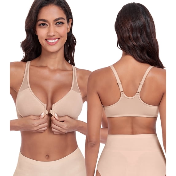 Exerin Women's Front Close Unlined Underwire V-Neck Racerback Bra(40B,Beige)