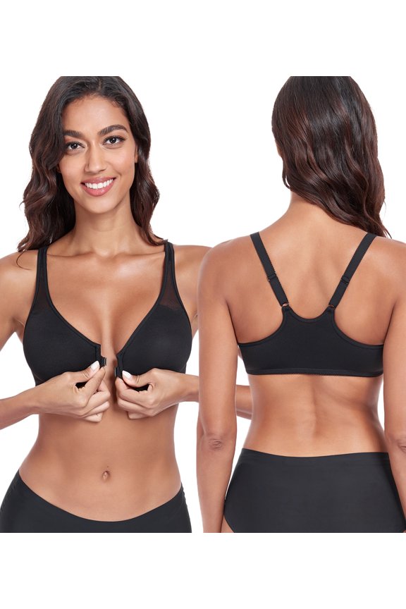 Women's Front Close Unlined Underwire V-Neck Racerback Bra(40D,Black)