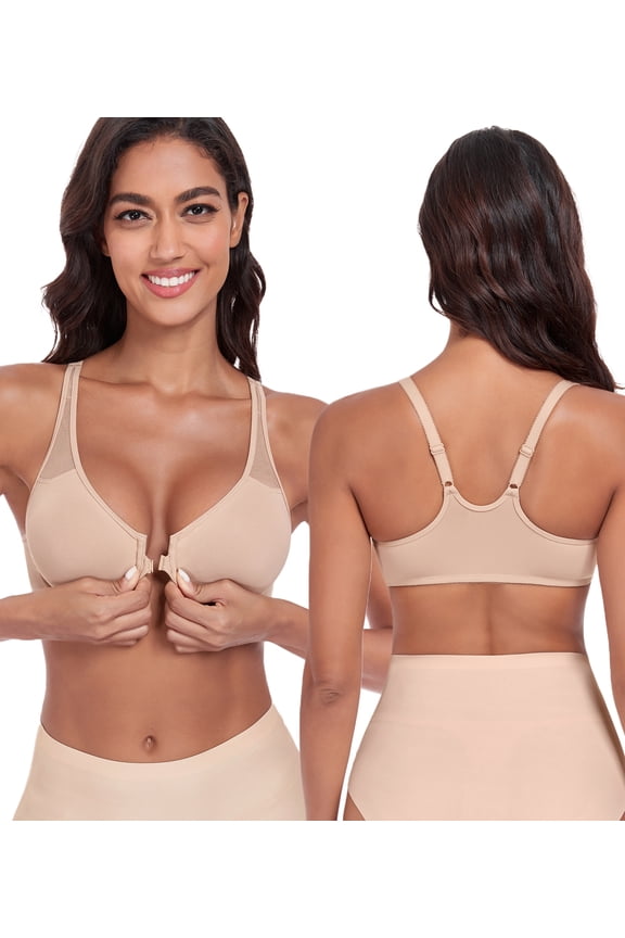 Women's Front Close Unlined Underwire V-Neck Racerback Bra(40DD,Beige)