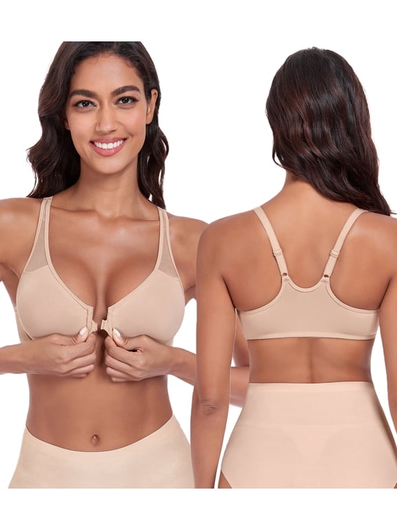 Women's Front Close Unlined Underwire V-Neck Racerback Bra(40DD,Beige)