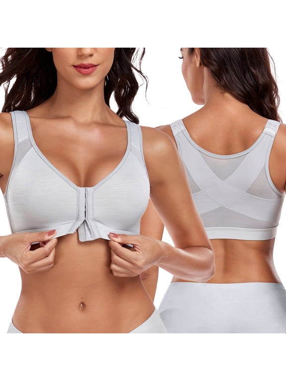 Women's Front Closure Back Support Bra Full Coverage Wireless Comfortable Posture Bras(36C,Grey)