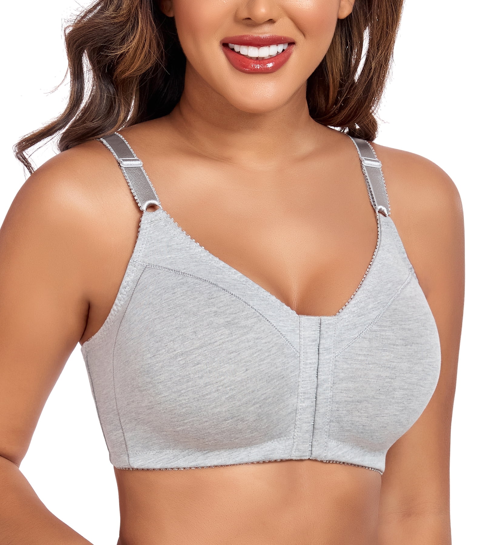 Exerin Women's Front Closure Bras Wireless Comfort Unlined Full Coverage Cotton Bra(38B,Grey)