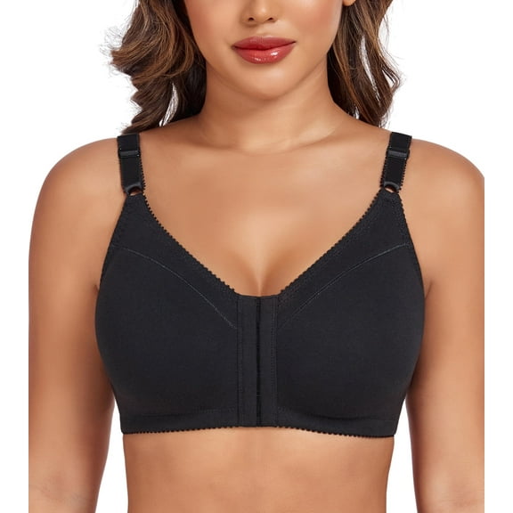 Exerin Women's Front Closure Bras Wireless Comfort Unlined Full Coverage Cotton Bra(42C,Black)