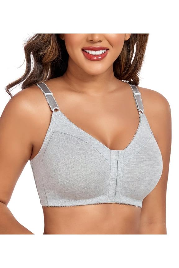 Women's Front Closure Bras Wireless Comfort Unlined Full Coverage Cotton Bra(42D,Grey)