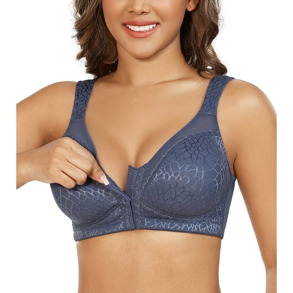 Exerin Women's Front Closure Full Coverage Wirefree Posture Back Plus Size Bra(36C,Blue)
