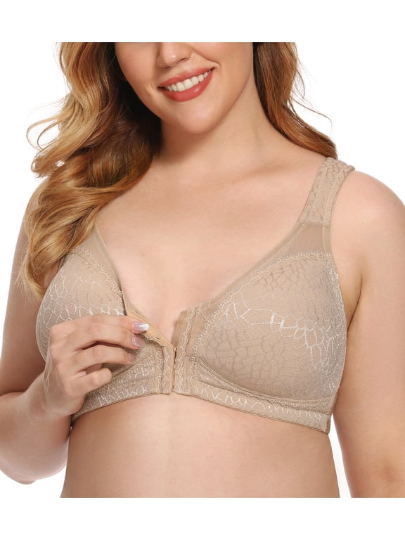 Women's Front Closure Full Coverage Wirefree Posture Back Plus Size Bra(38D, Beige)