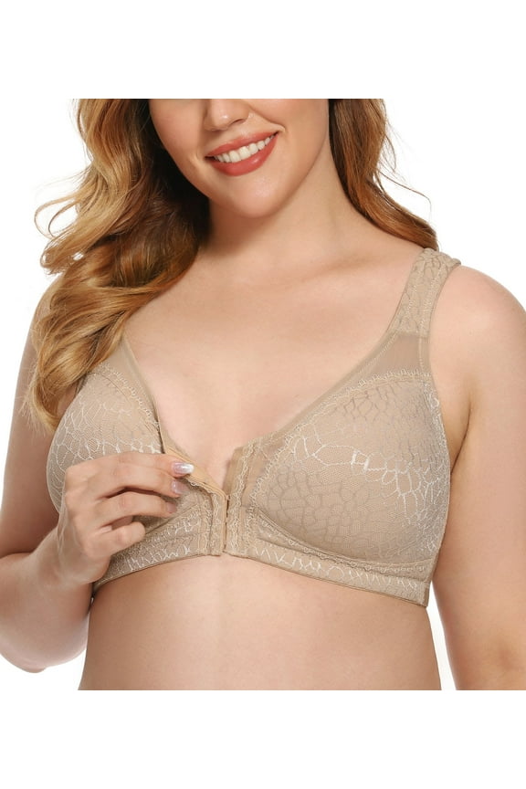 Women's Front Closure Full Coverage Wirefree Posture Back Plus Size Bra(38D, Beige)