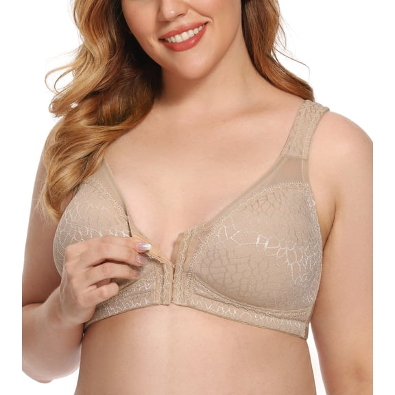 Exerin Women's Front Closure Full Coverage Wirefree Posture Back Plus Size Bra(40D, Beige)