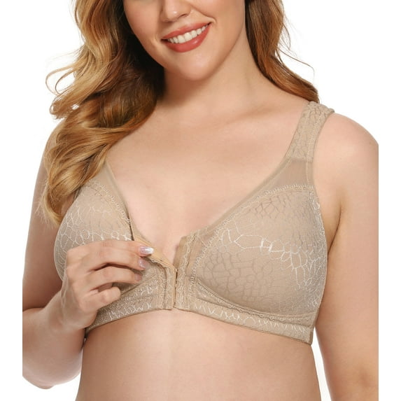 Exerin Women's Front Closure Full Coverage Wirefree Posture Back Plus Size Bra(44C, Beige)