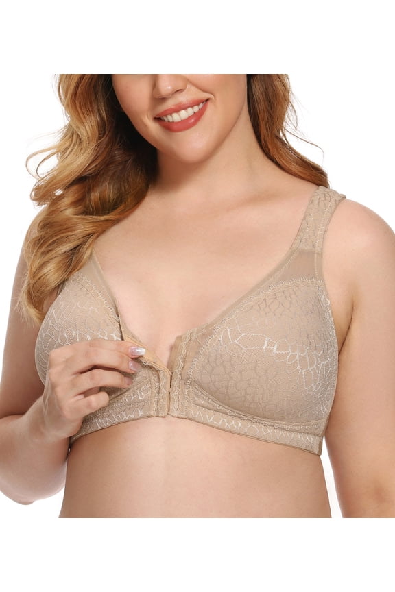 Women's Front Closure Full Coverage Wirefree Posture Back Plus Size Bra(44DD, Beige)