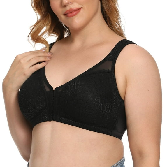 Exerin Women's Front Closure Full Coverage Wirefree Posture Back Plus Size Bra(44DD, Black)
